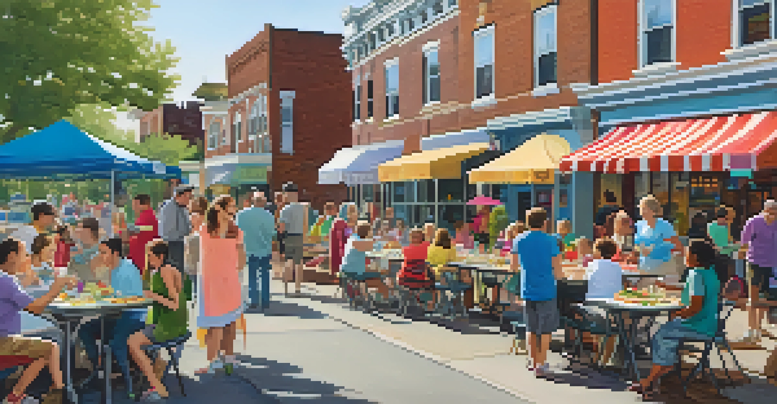 A lively neighborhood block party in Rochester, with residents sharing food, decorations, and children playing games, showcasing community bonding.