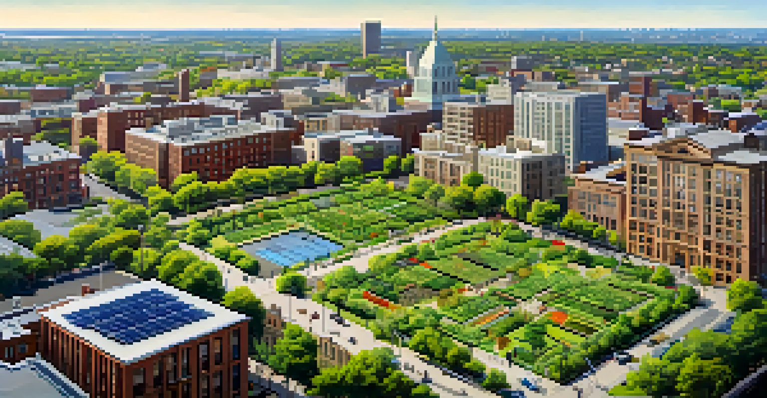 Aerial view of Rochester showing urban green spaces and solar panels.