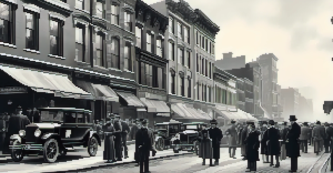 A historical black and white image of a busy 19th-century Rochester street with photographers and Kodak cameras.
