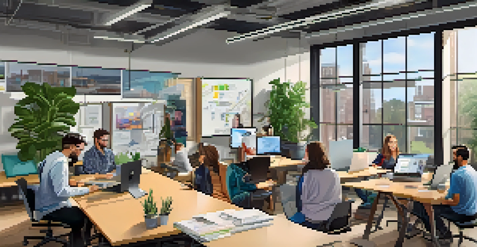 A modern workspace in Rochester where diverse individuals collaborate on tech projects, surrounded by plants and high-tech equipment.