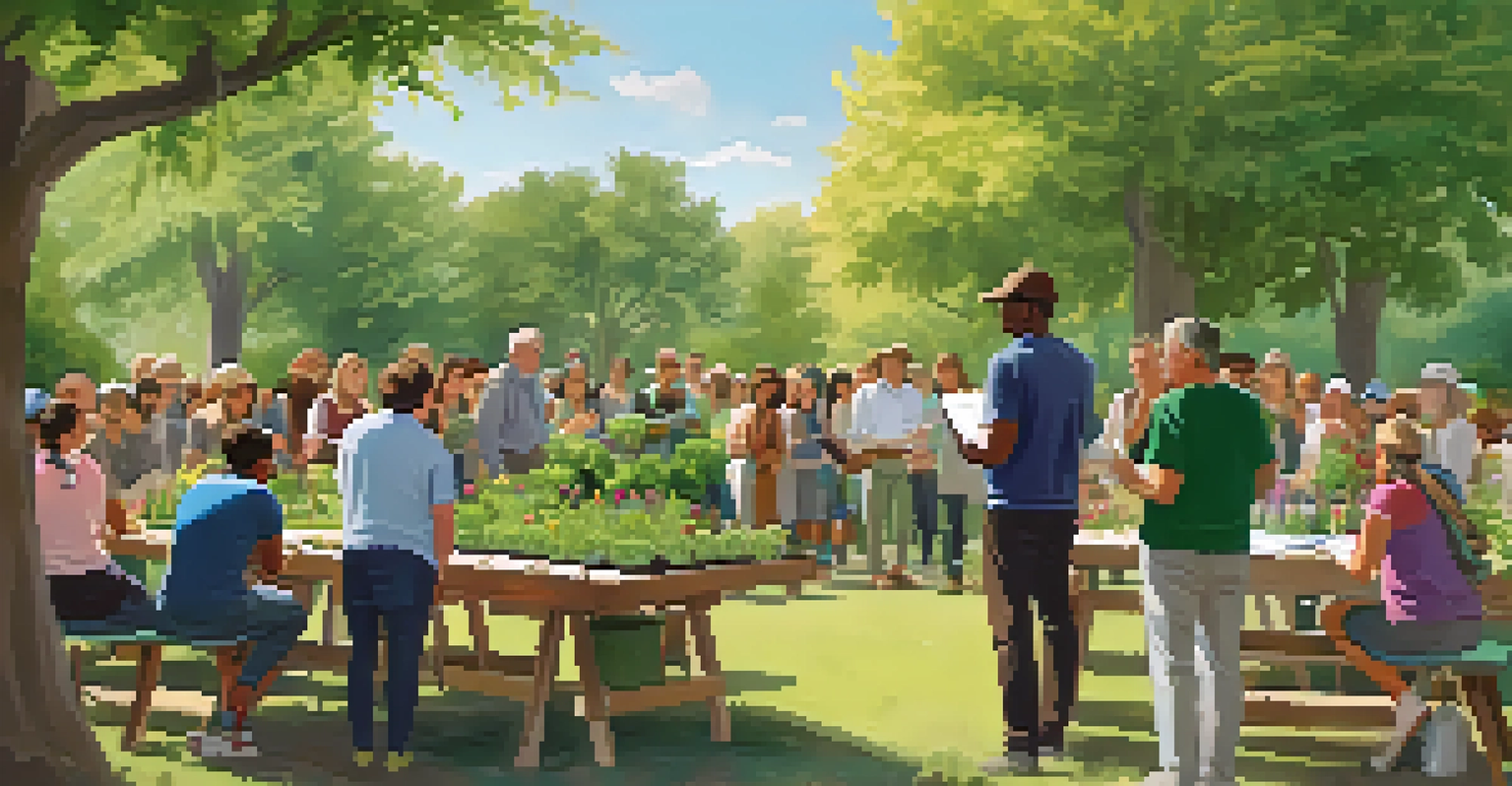 A park workshop where participants learn about sustainable gardening techniques from a local expert, surrounded by vibrant plants and gardening tools.