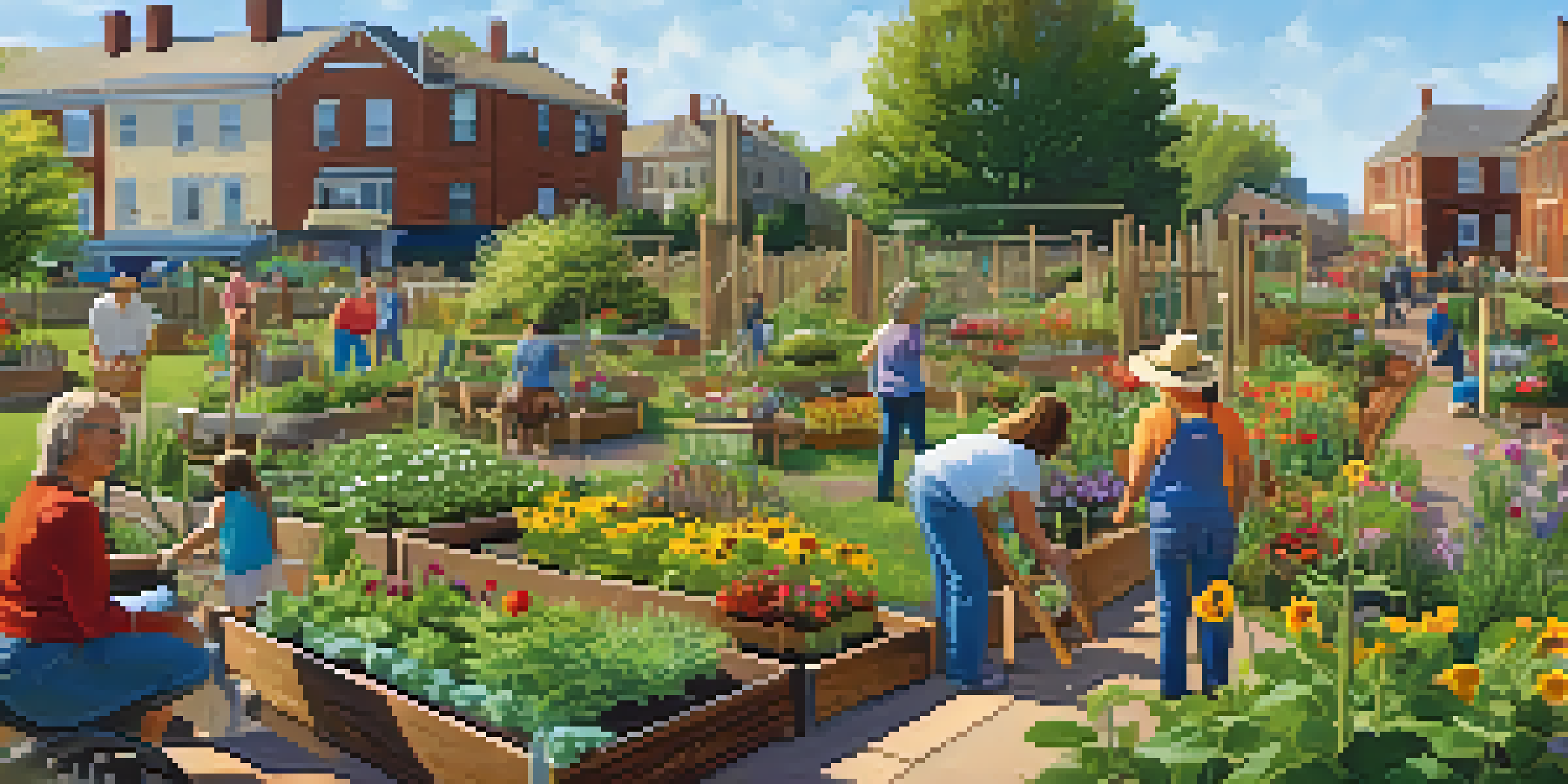 A lively community garden with people gardening under the sun, surrounded by colorful flowers and plants.