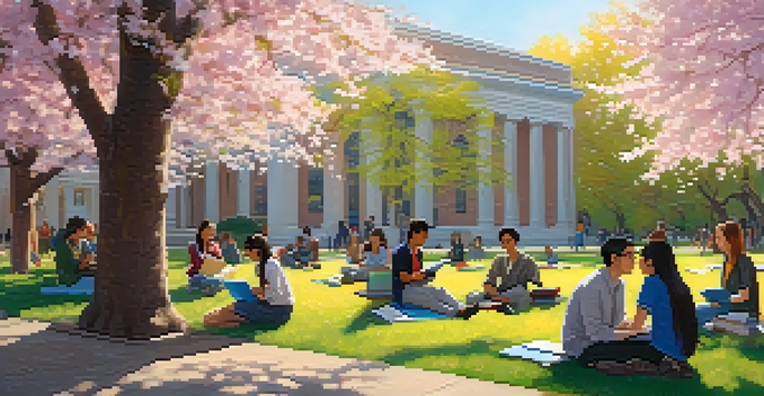 A group of diverse college students discussing under cherry blossom trees on a sunny day.