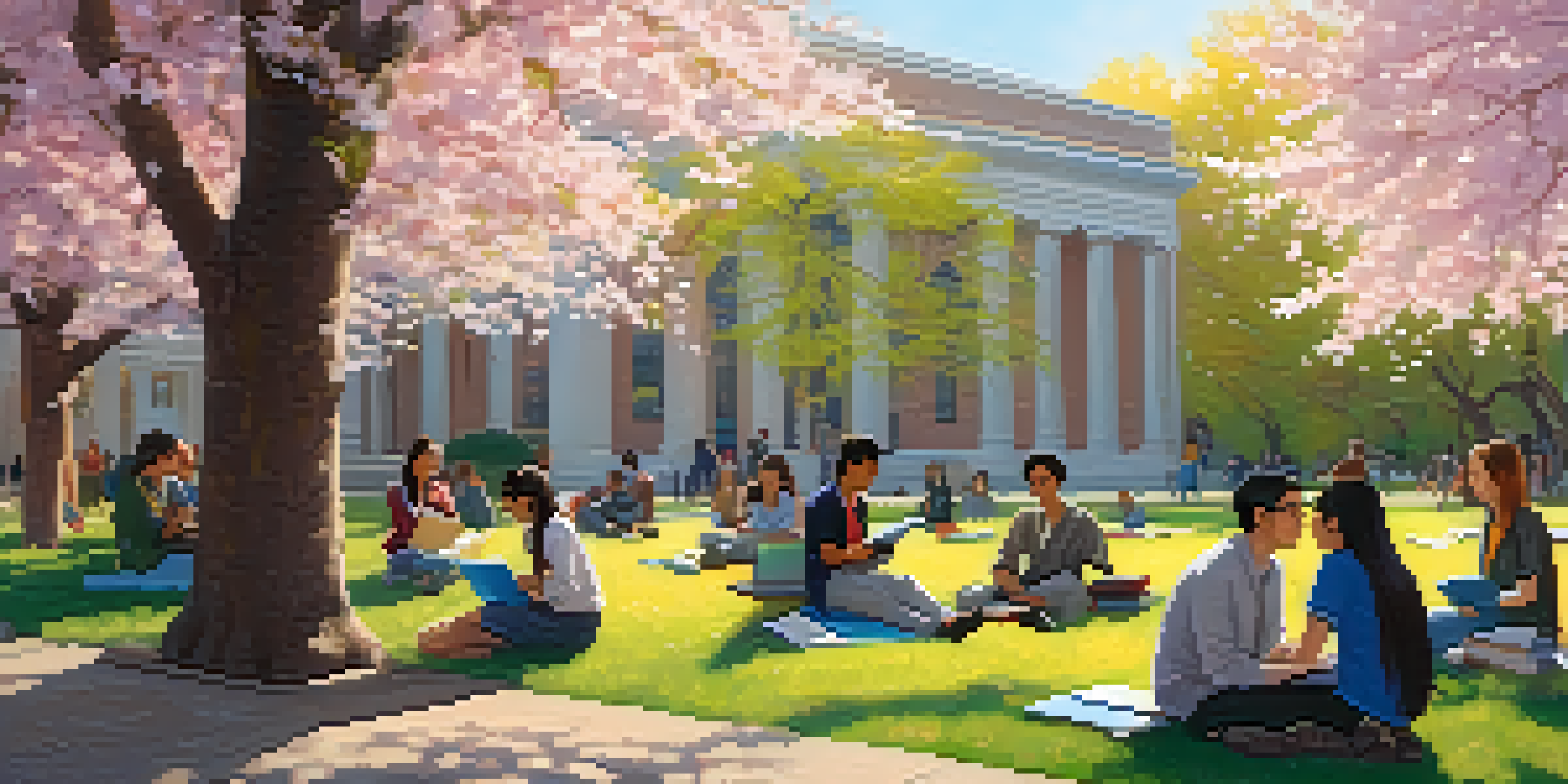 A group of diverse college students discussing under cherry blossom trees on a sunny day.