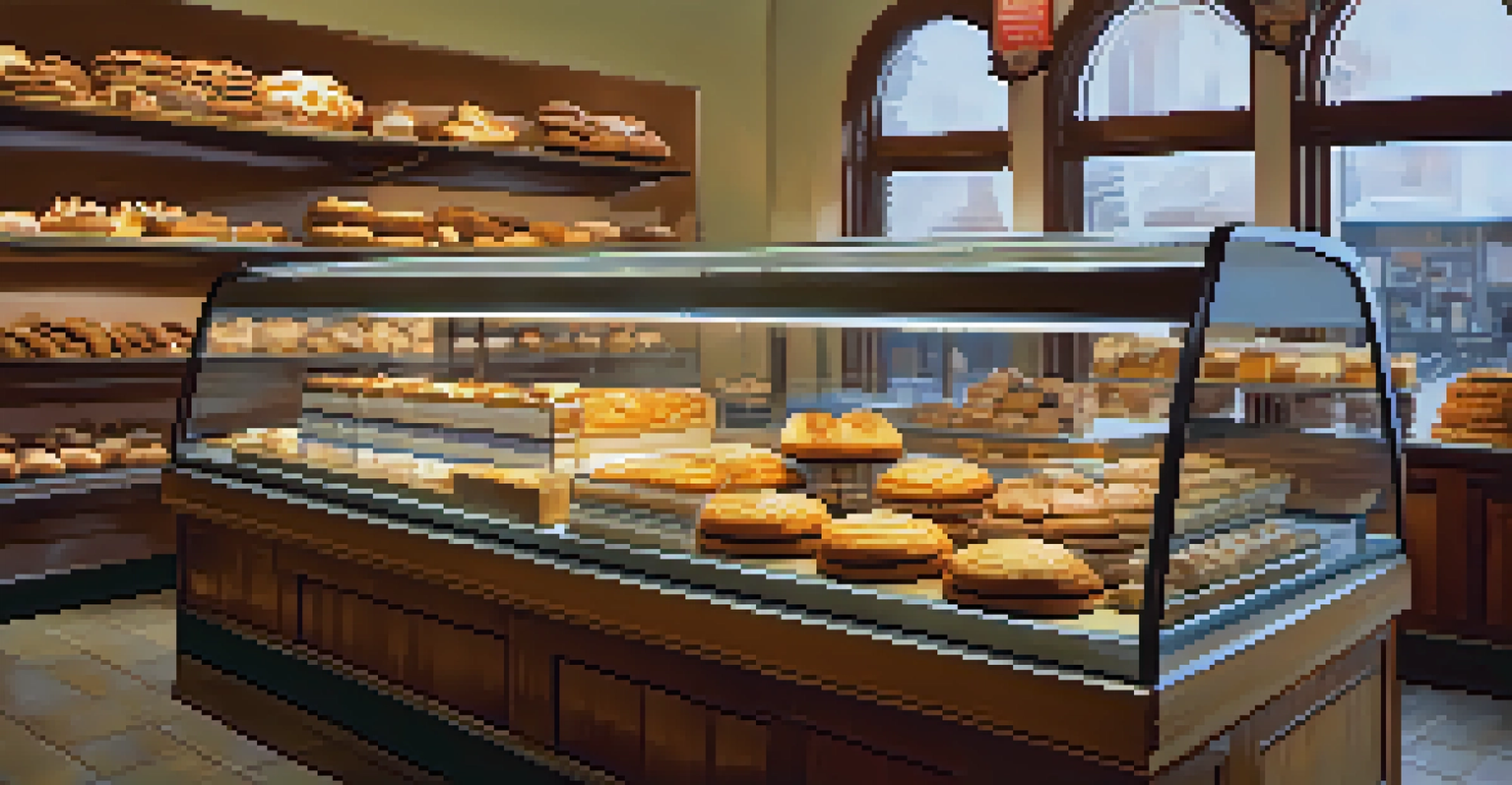 An inviting bakery interior filled with freshly baked pastries and cakes displayed in a glass case.