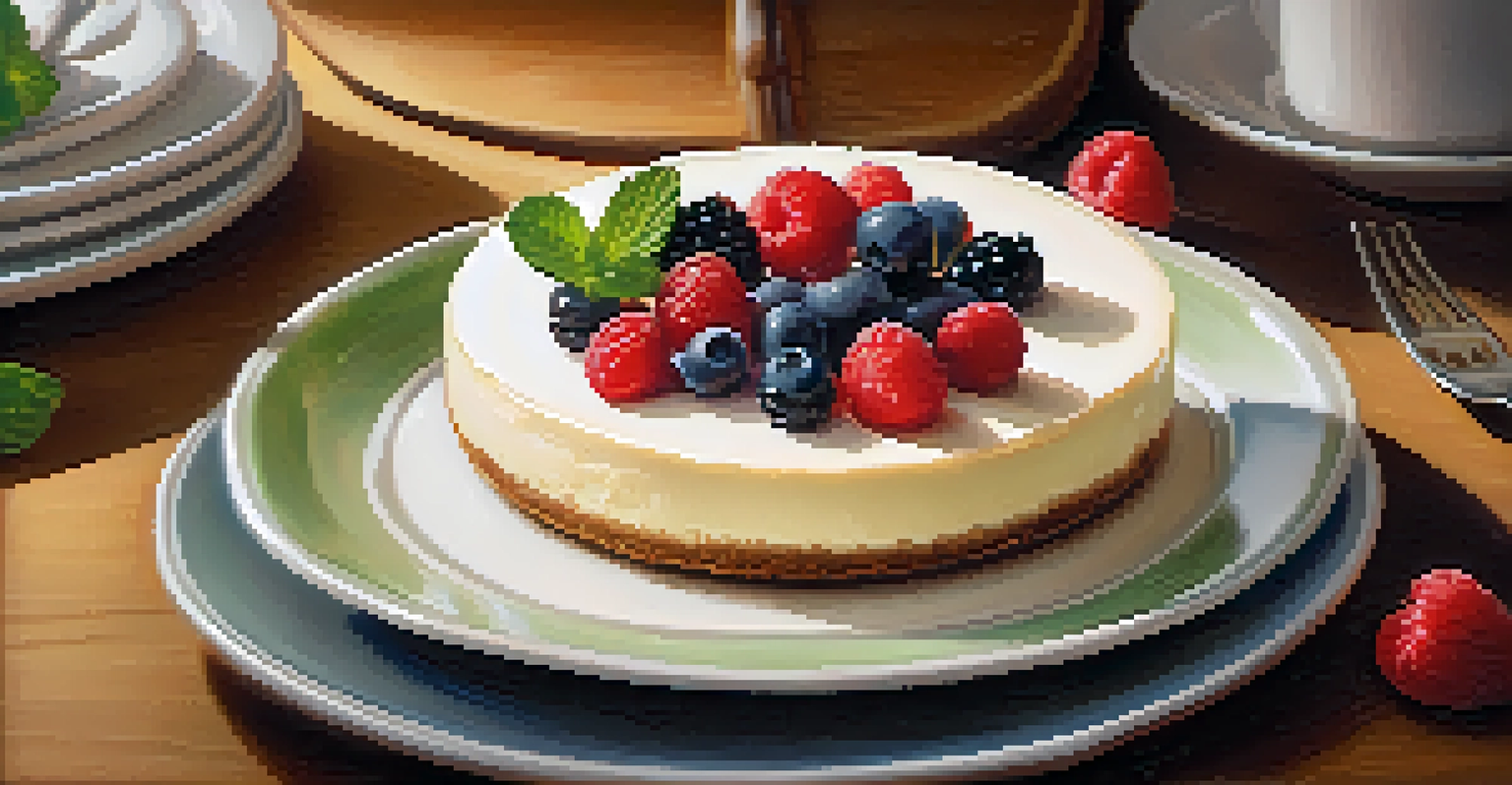 A close-up of a plated Rochester-style cheesecake garnished with fresh berries and mint on a wooden table.