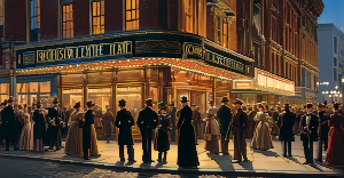 A historical view of the Lyceum Theatre in Rochester, with a lively audience dressed in 19th-century attire, illuminated by gas lamps.