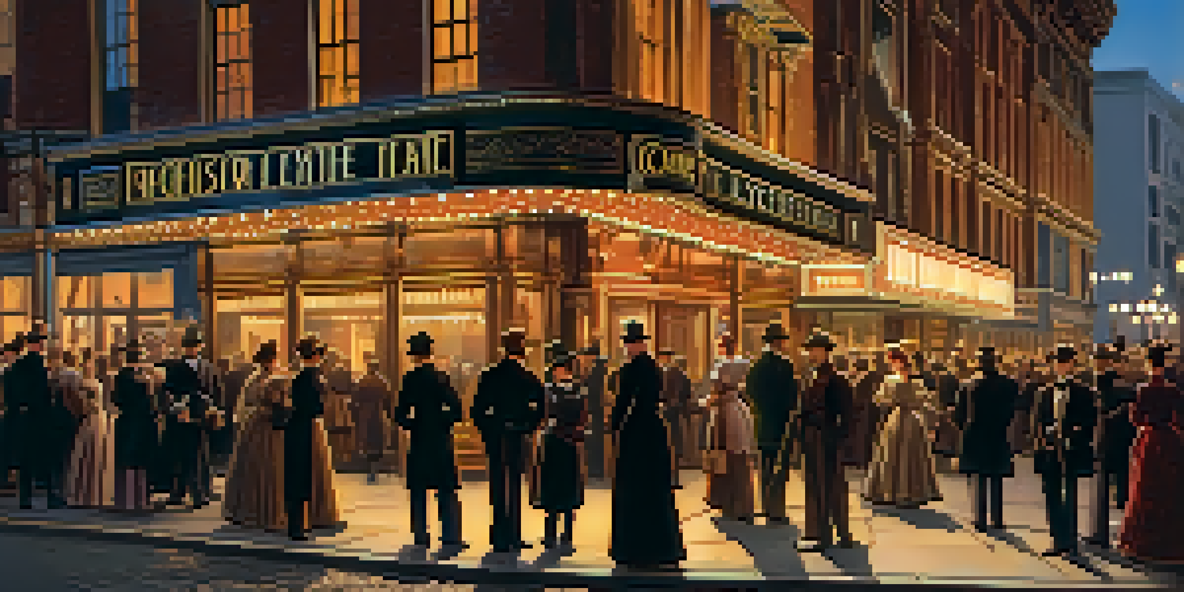 A historical view of the Lyceum Theatre in Rochester, with a lively audience dressed in 19th-century attire, illuminated by gas lamps.