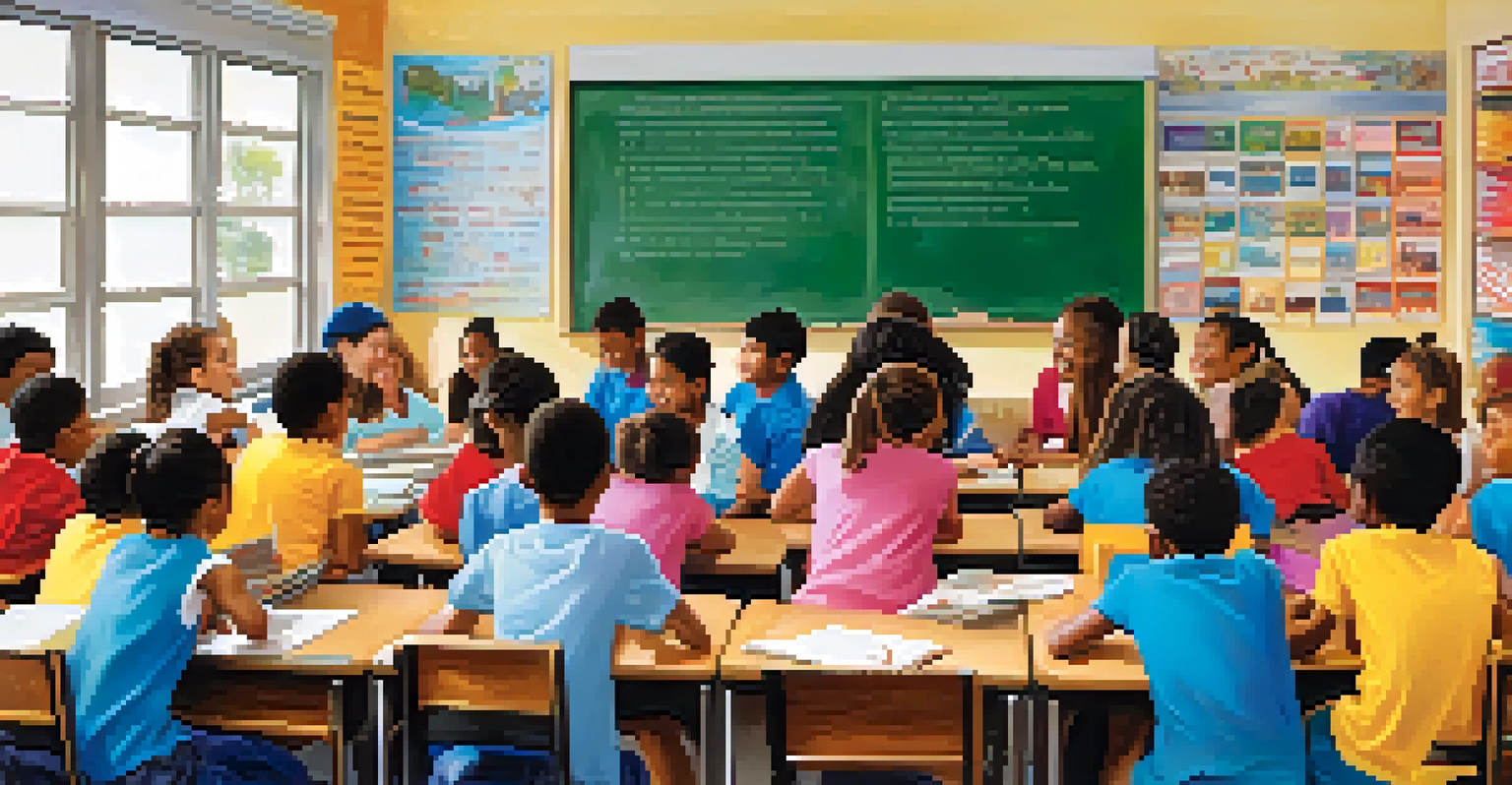 Diverse college students tutoring young children in a bright and colorful classroom.