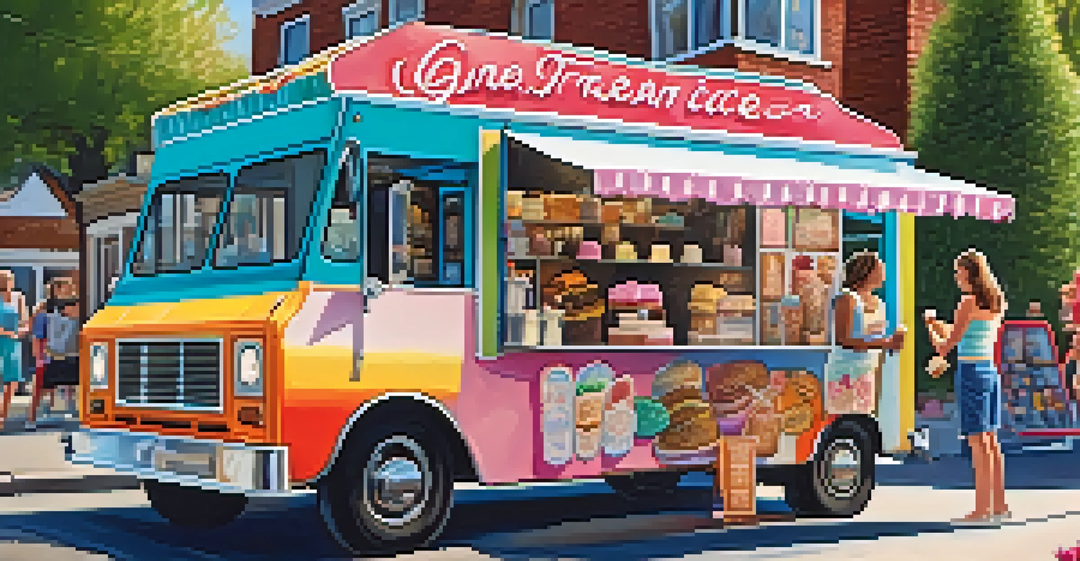 A food truck serving colorful gourmet ice cream with customers enjoying their treats on a sunny neighborhood street.