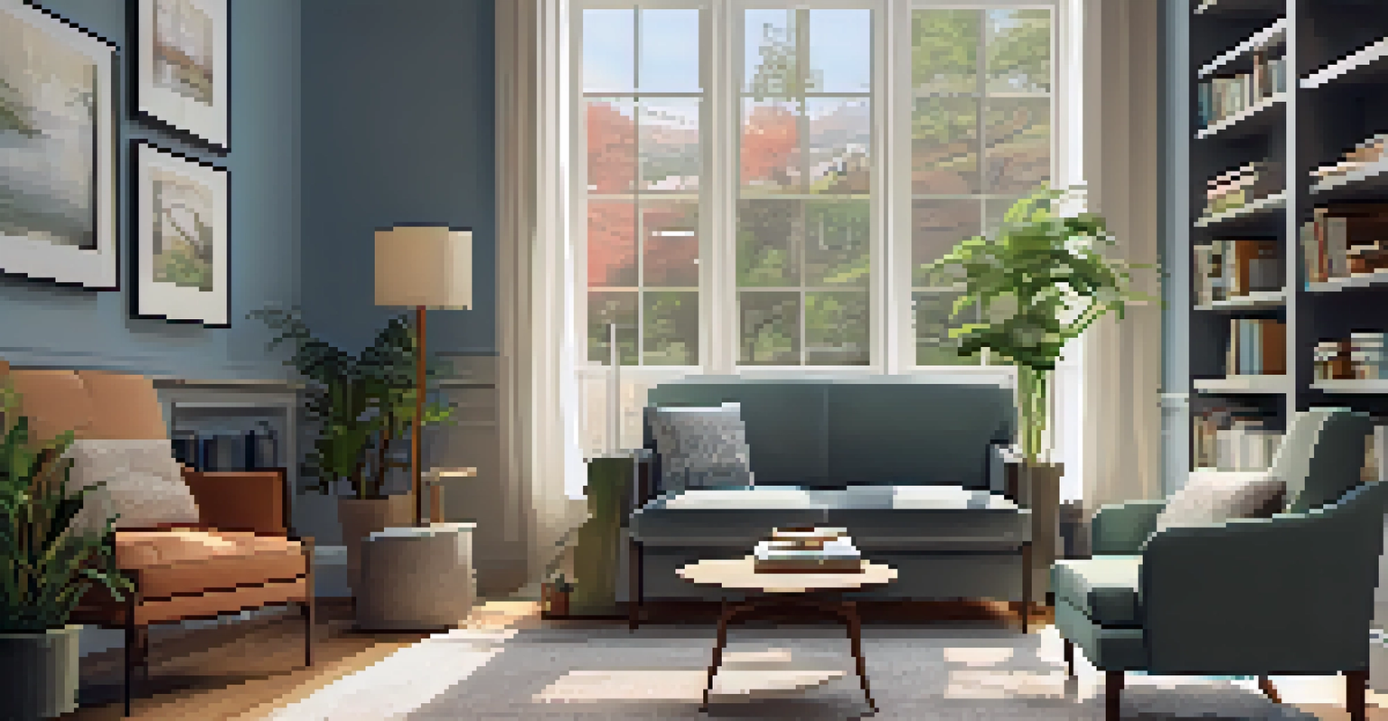 A therapist's office with comfortable seating, calming artwork, and a bookshelf filled with mental health resources.