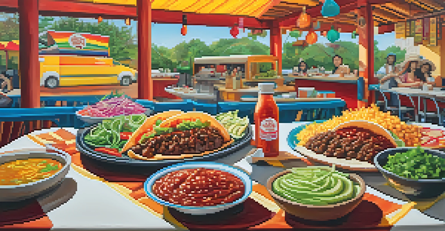 A colorful taco filled with Korean BBQ on a lively table with various toppings.