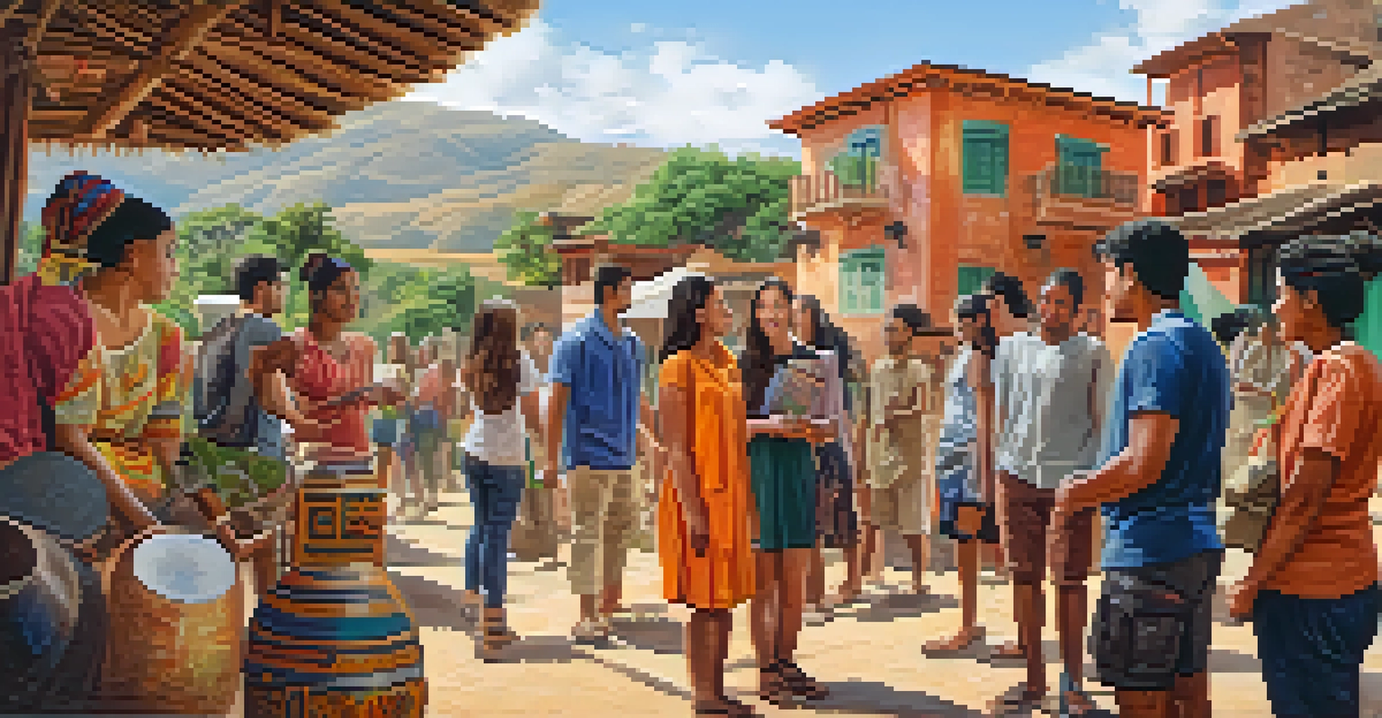 RIT students engaging in a cultural exchange program abroad, interacting with local residents amidst vibrant cultural artifacts and landscapes.