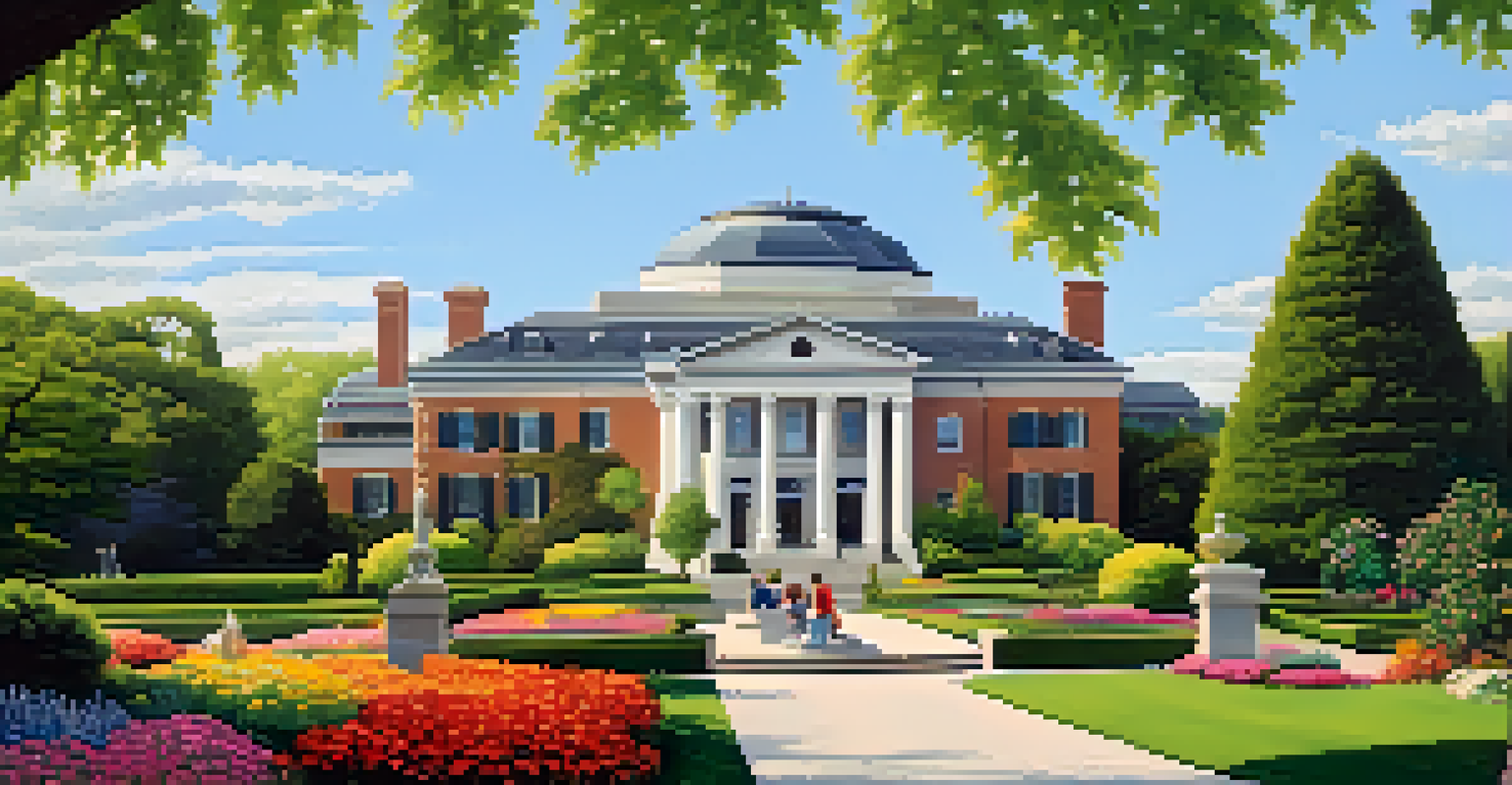The George Eastman Museum gardens with visitors, colorful flowers, and the historic building under a clear blue sky.