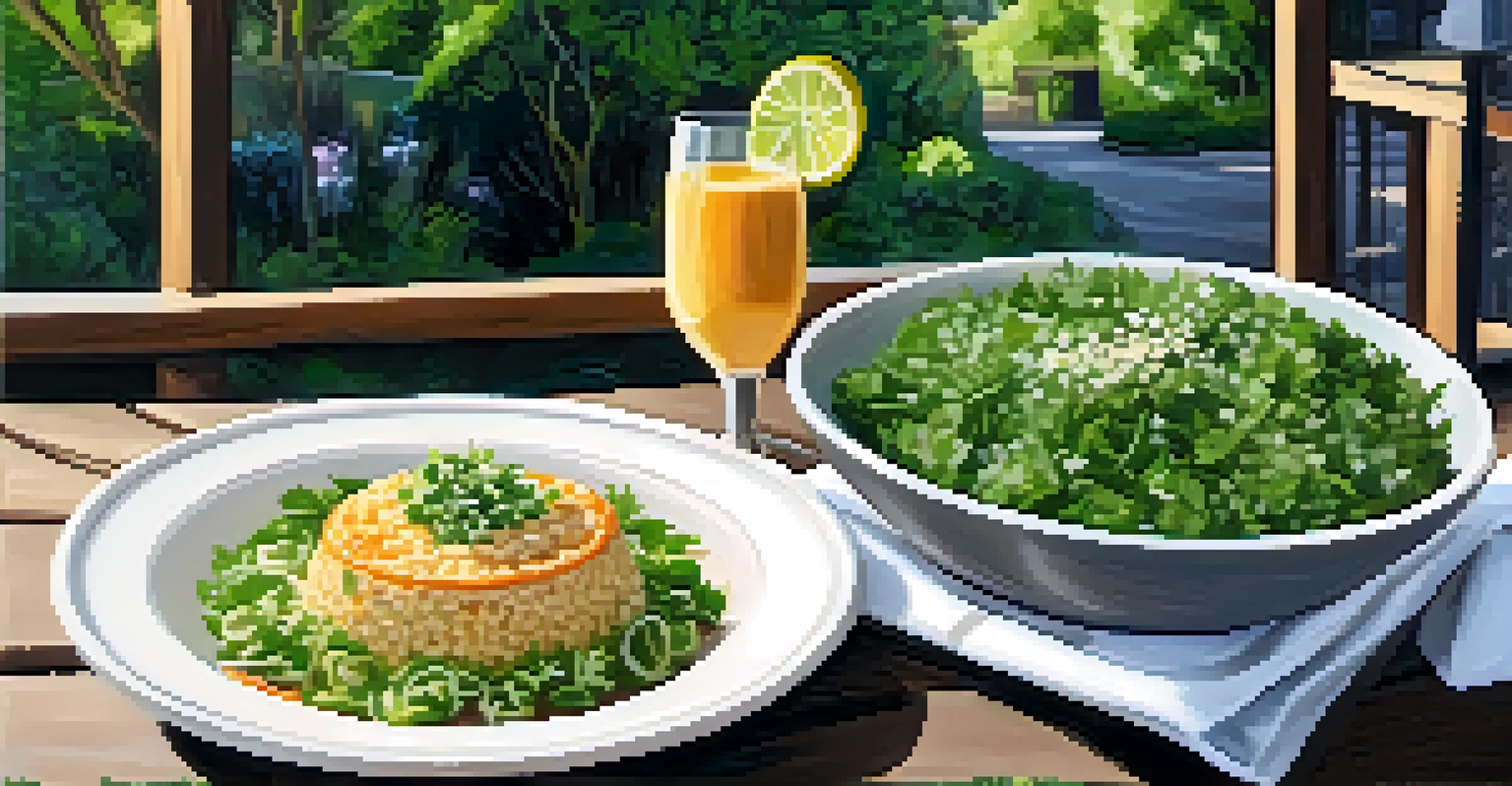 A charming outdoor dining setup with vegetable risotto and a salad surrounded by greenery.