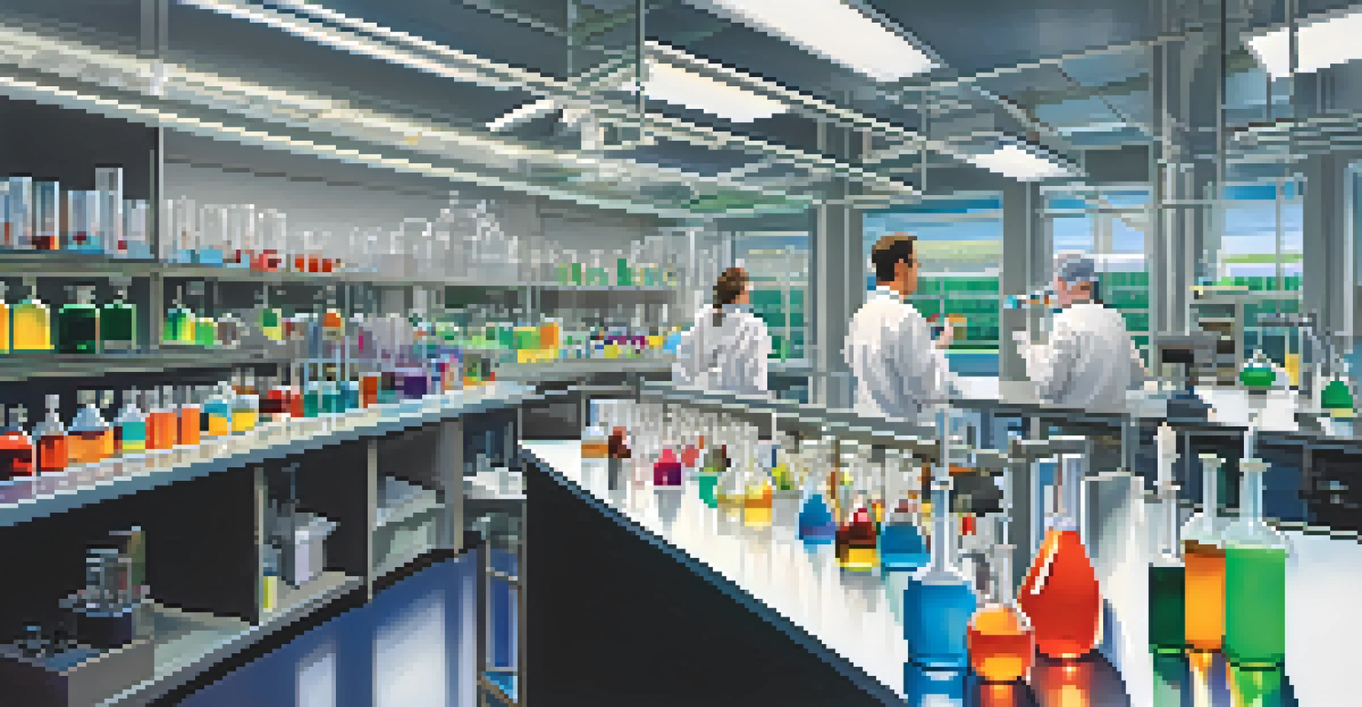 Researchers in a laboratory conducting experiments with advanced equipment and colorful liquids in glassware, illuminated by bright fluorescent lights.