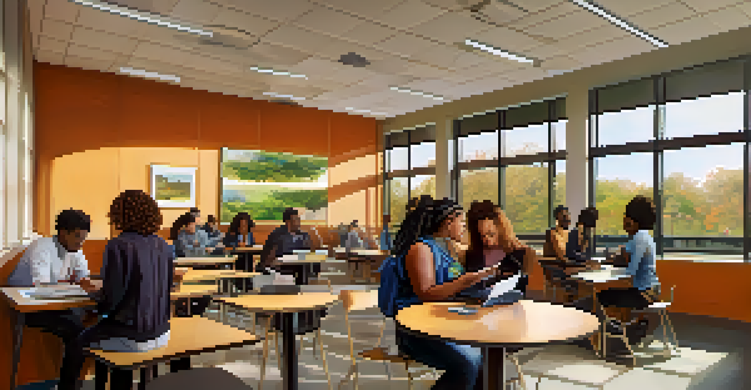 Diverse students studying together in a bright and welcoming area of Monroe Community College, with laptops and books around them.