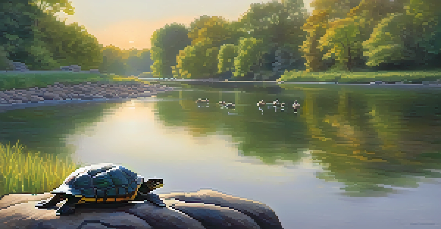 A beautiful view of Genesee Valley Park with a turtle on a rock and ducks swimming in the river during golden hour.