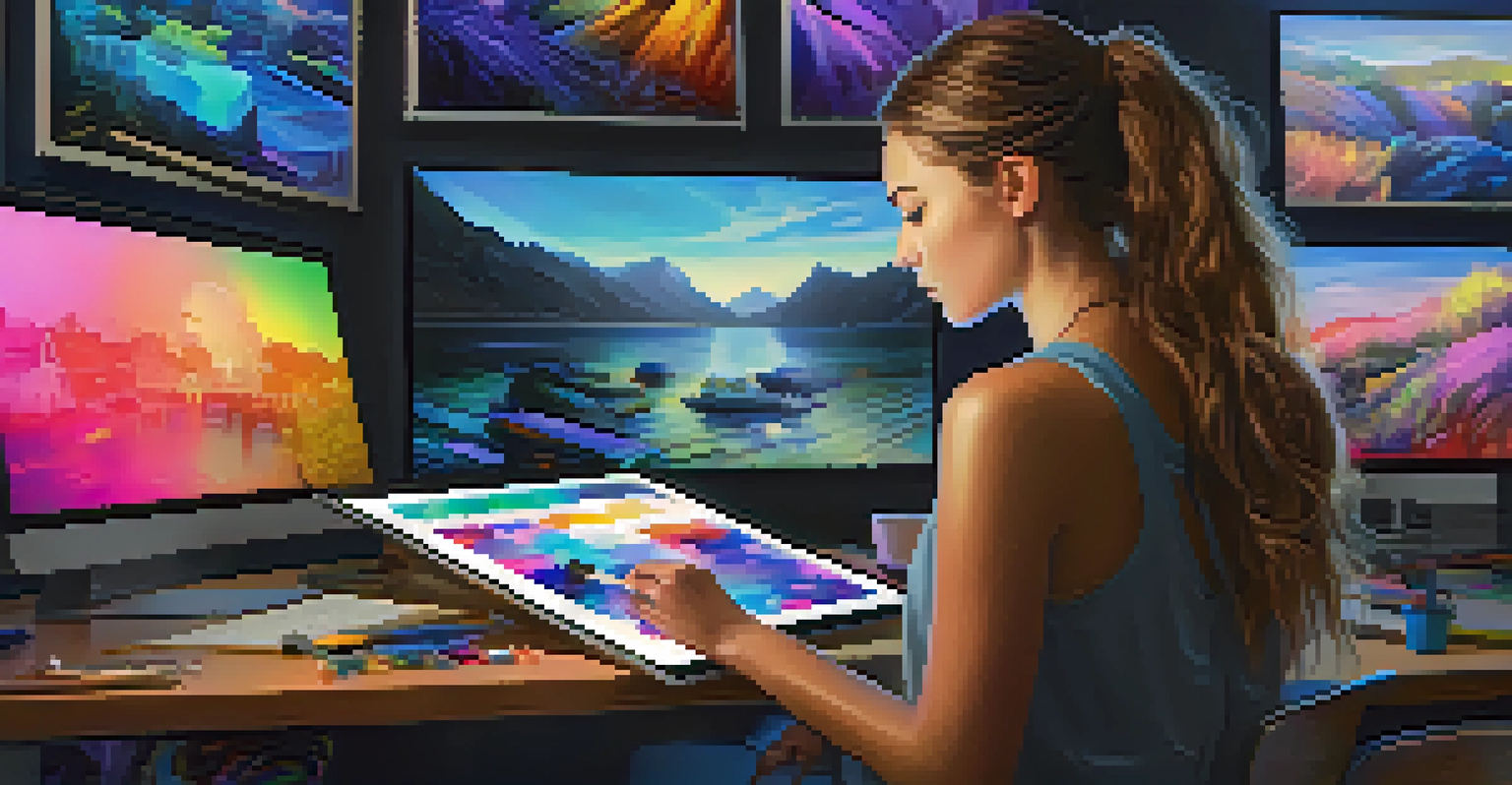 A young female digital artist working in a modern studio filled with colorful screens and art supplies.
