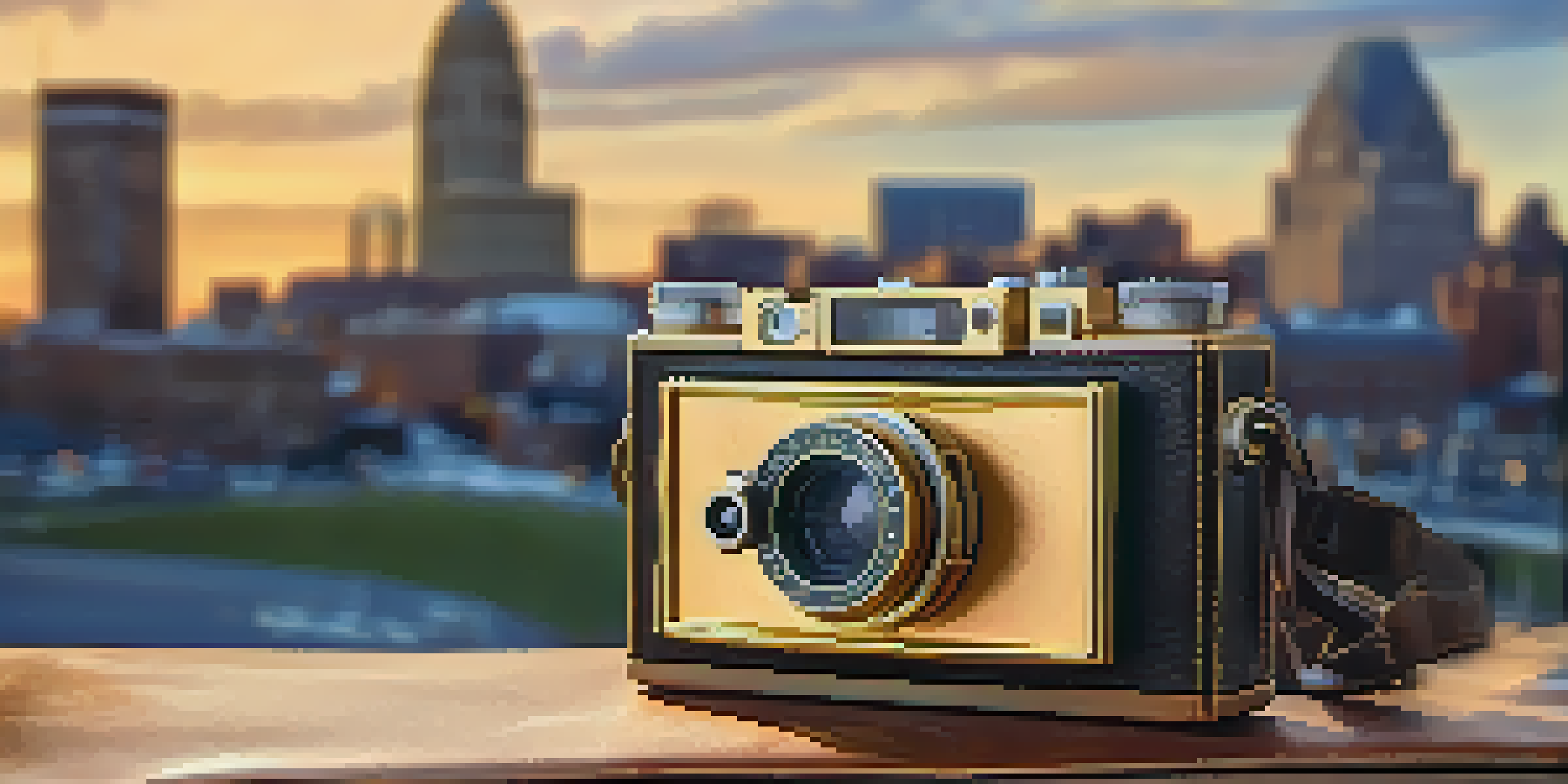 A vintage Kodak camera in front of the Rochester skyline during sunset, with warm golden lighting and a soft bokeh background.