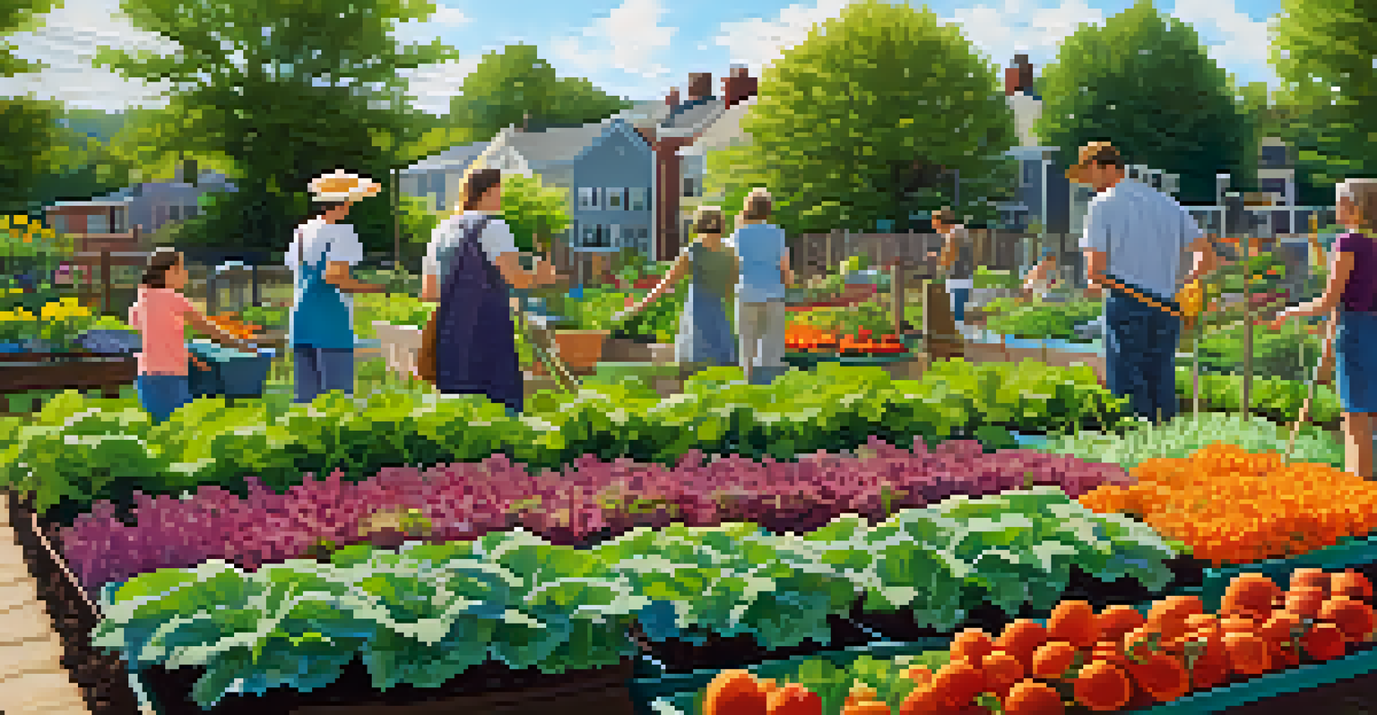 A community garden in Rochester with residents tending to vibrant vegetables and herbs in the morning light.