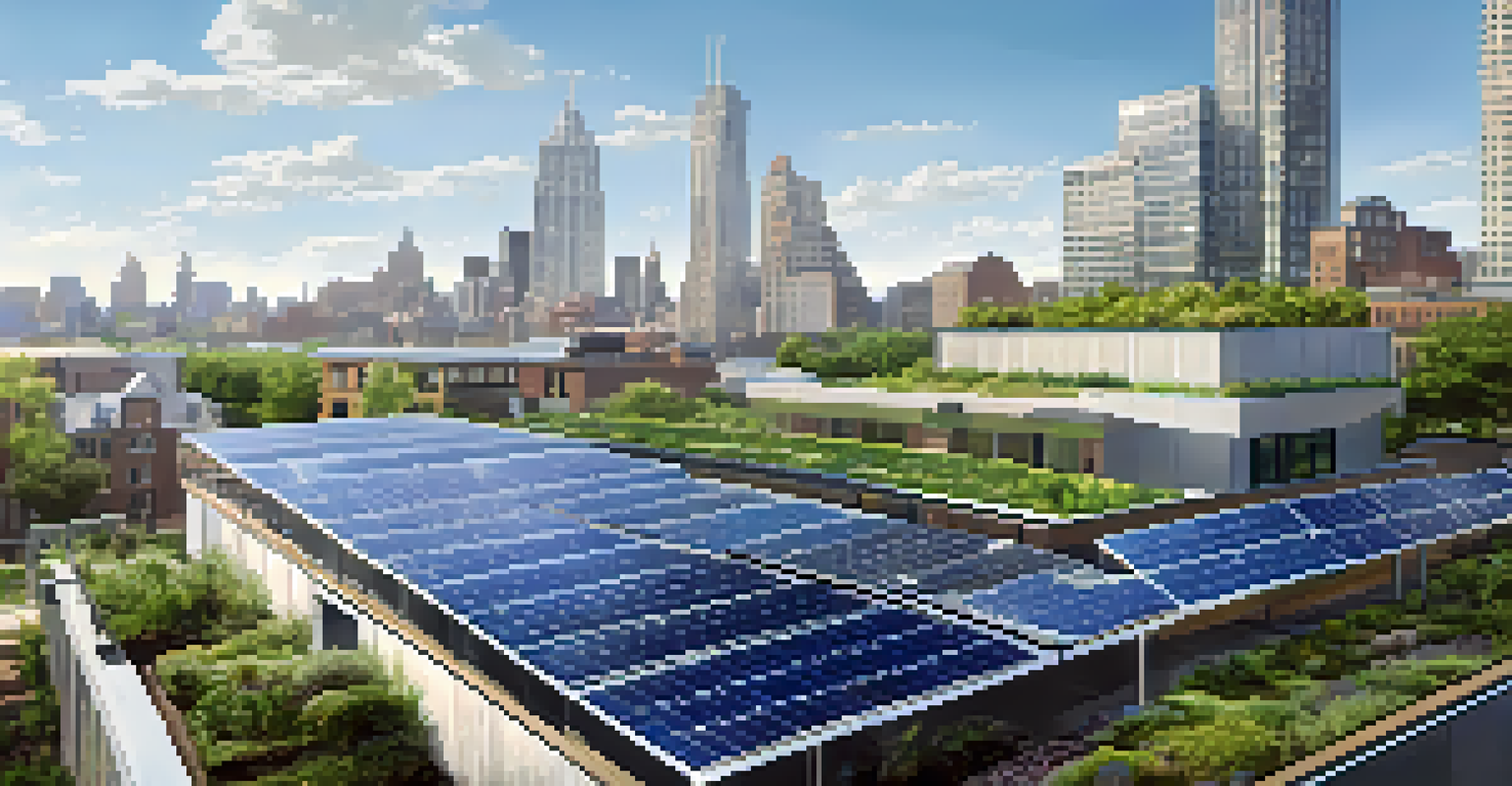 A detailed view of solar panels and green roofs on a modern building in Rochester, with sunlight reflecting off the panels and greenery growing above.