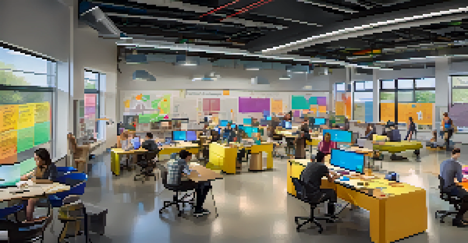 An innovation lab at the University of Rochester with students collaborating on a tech project, featuring 3D printers and brainstorming boards.