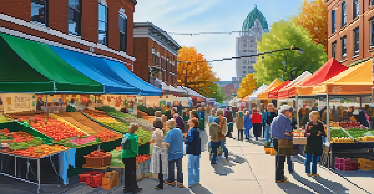 A lively farmer's market in downtown Rochester with fresh produce and local vendors, showing community engagement.