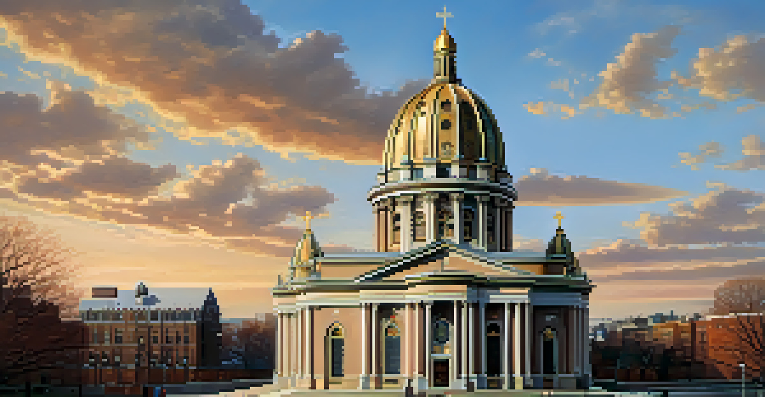 A majestic cathedral with a prominent dome and detailed Romanesque design, set against a clear blue sky and illuminated by warm afternoon light.