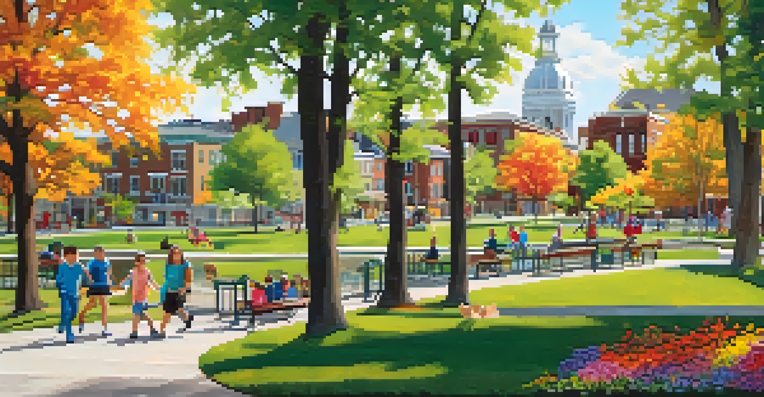 A modern community park along the Erie Canal in Rochester with families enjoying the outdoors.