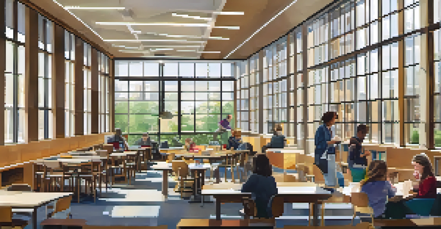 An interior view of the Rochester Public Library, showcasing modern design and patrons engaged in reading and collaboration.