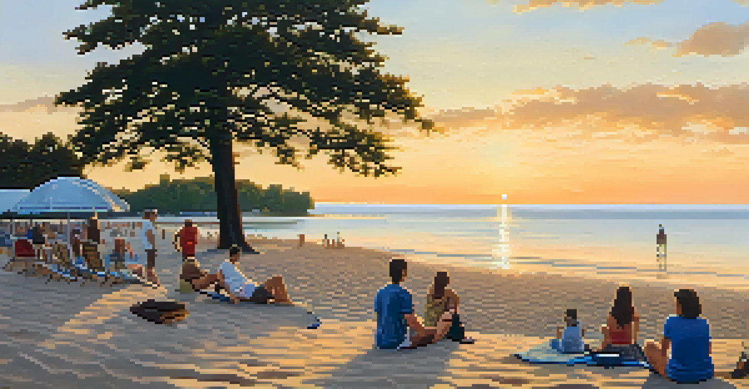 A peaceful beach at Durand Eastman Park at sunset, with reflections on the lake and people enjoying the view.