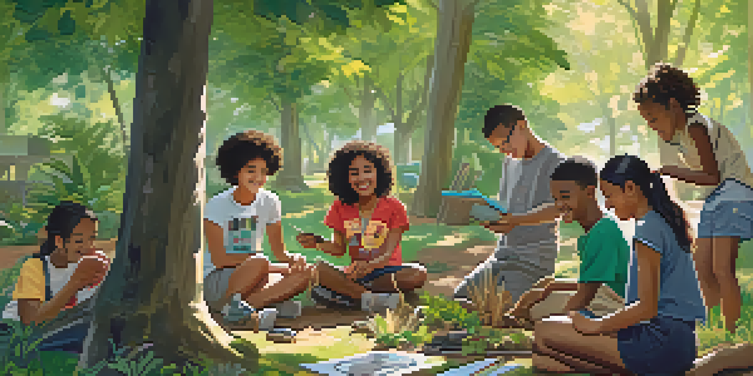 Young people participating in an outdoor workshop, planting trees and learning about ecosystems in a sunny park.