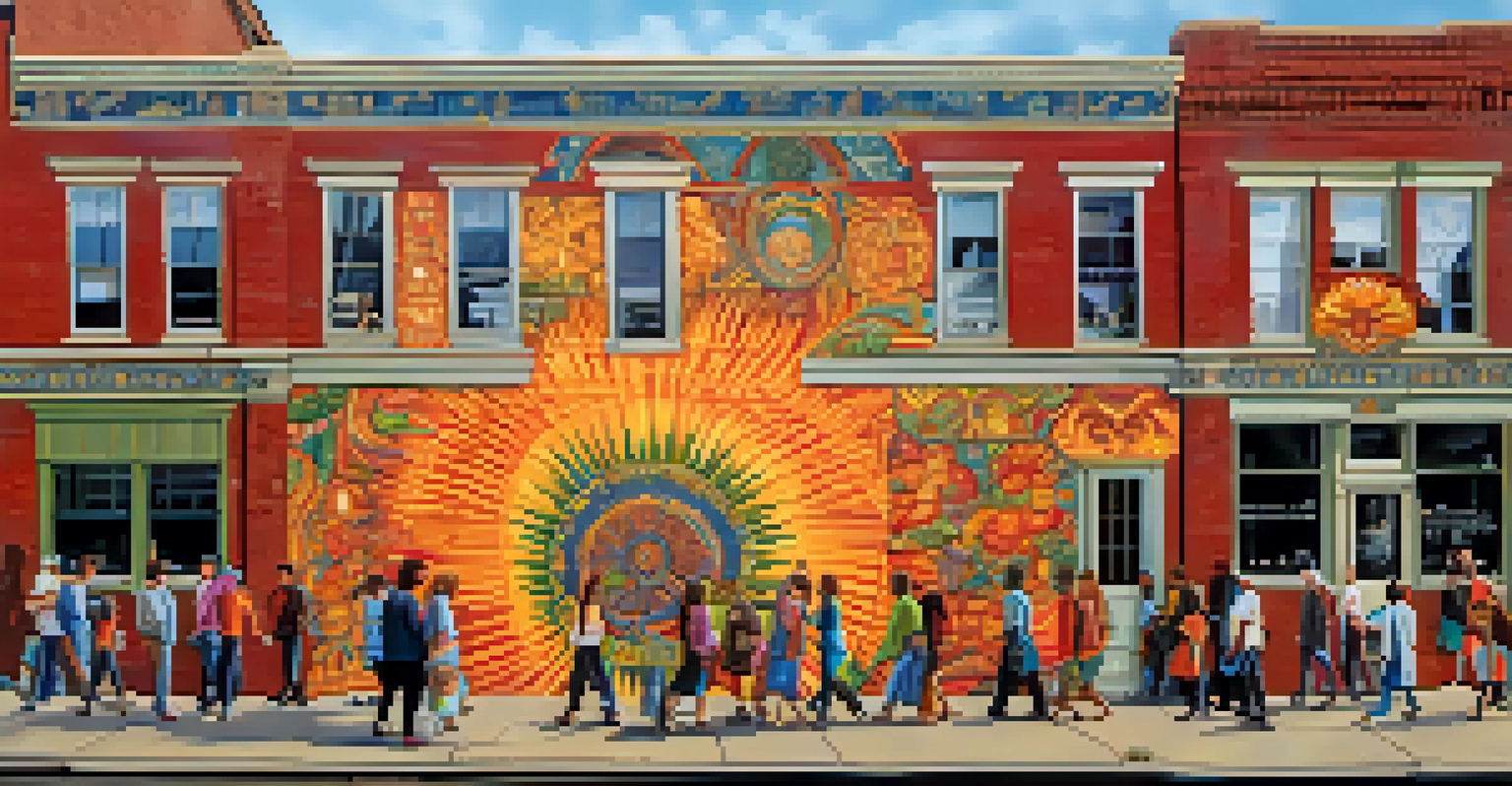 A colorful mural on a building in Rochester, showcasing cultural symbols and historical events, with people admiring the artwork.