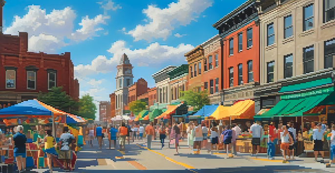 A lively street scene in Rochester, showing a mix of historical and modern architecture with community members participating in an event under a clear blue sky.