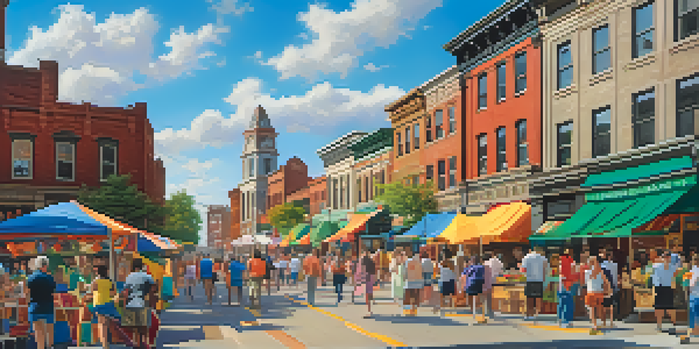 A lively street scene in Rochester, showing a mix of historical and modern architecture with community members participating in an event under a clear blue sky.