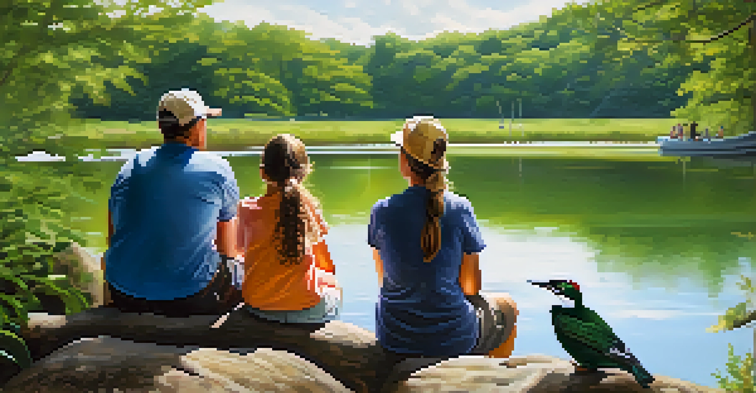 A family observing birds with binoculars at Irondequoit Bay Park, surrounded by greenery and a scenic bay.