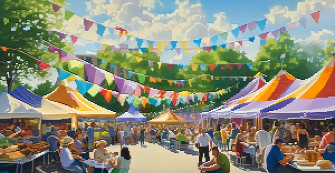 A lively outdoor food festival in Rochester, showcasing colorful tents, happy people enjoying local dishes, and blooming lilacs.
