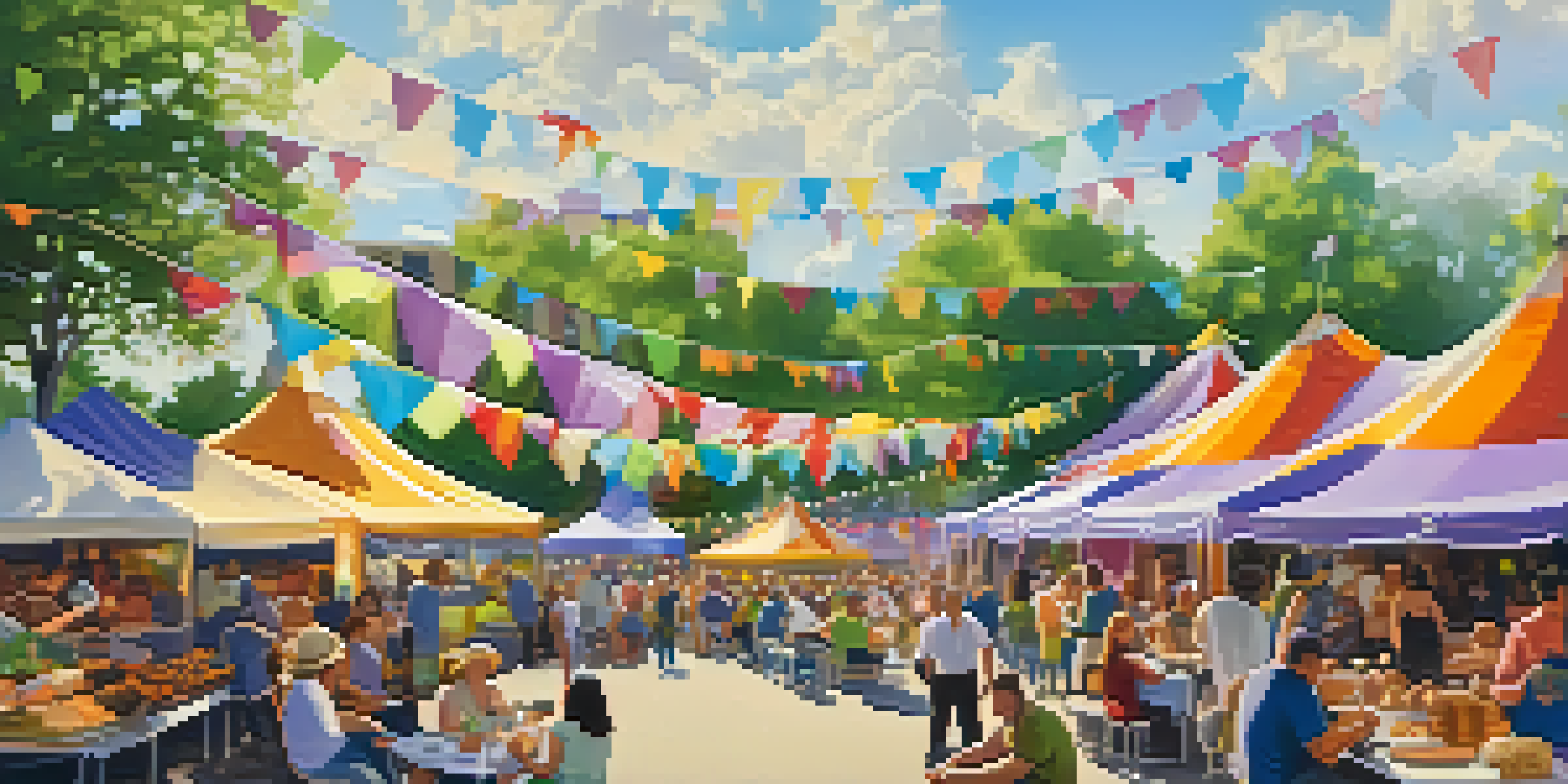 A lively outdoor food festival in Rochester, showcasing colorful tents, happy people enjoying local dishes, and blooming lilacs.