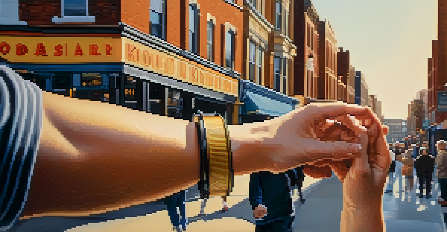 Close-up of hands holding vintage Kodak film in front of a bustling Rochester street with photographers and art displays in warm light.