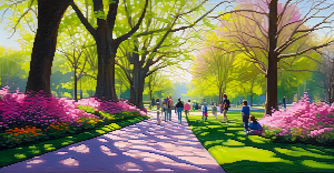 A colorful spring scene in a park with blooming flowers and families on a nature walk, bathed in warm sunlight.
