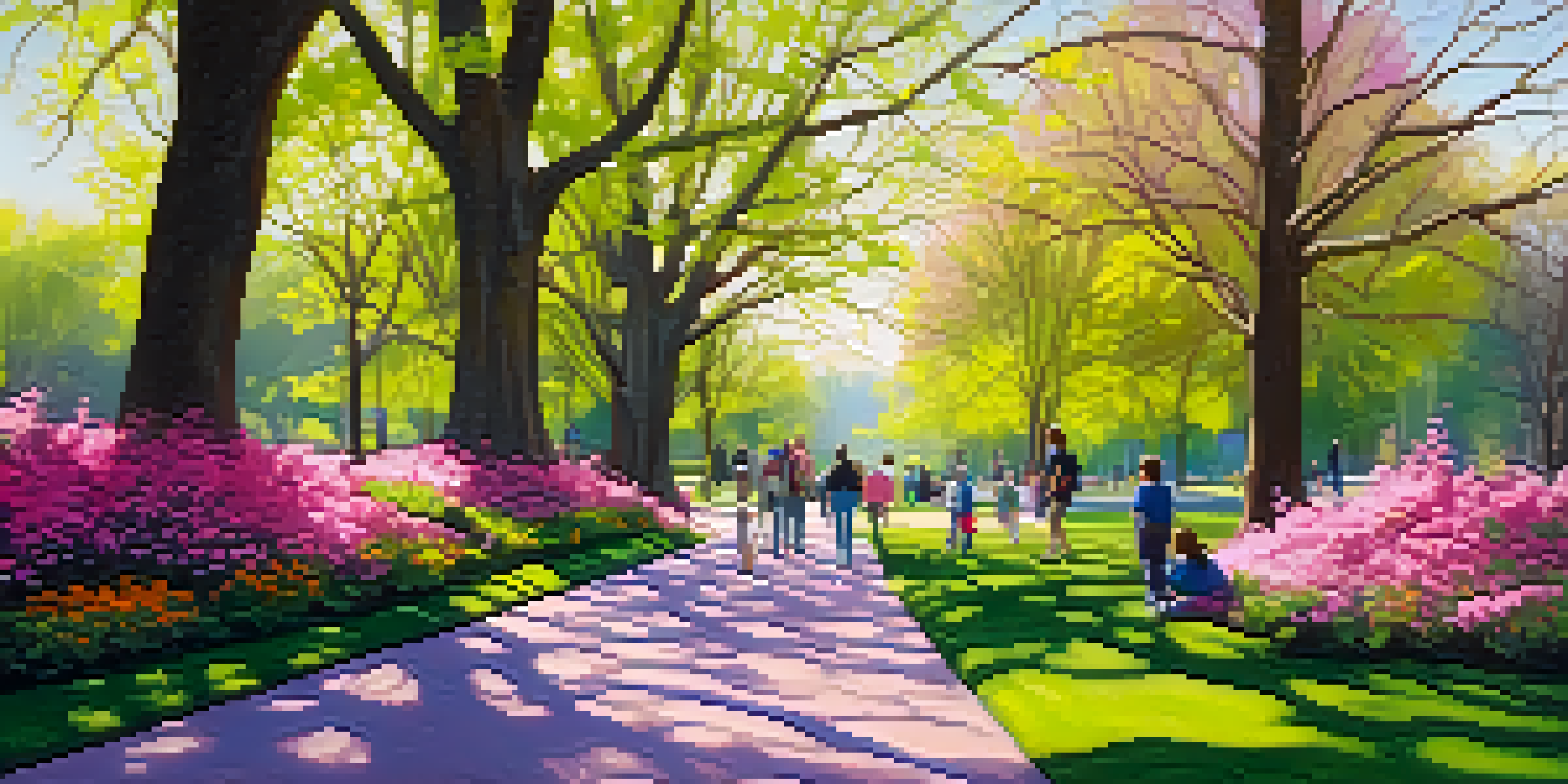 A colorful spring scene in a park with blooming flowers and families on a nature walk, bathed in warm sunlight.