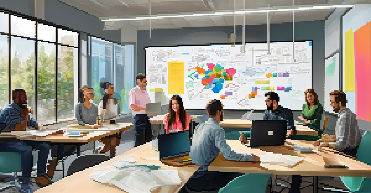 An interior collaborative workspace with diverse individuals brainstorming, large windows allowing natural light, a whiteboard filled with colorful notes.