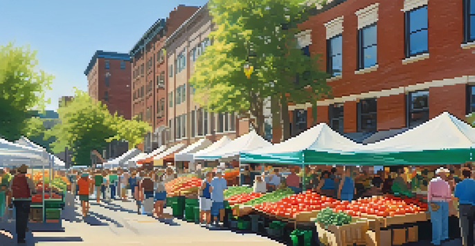 A bustling farmers' market in Rochester with colorful fresh produce and diverse people interacting with farmers.