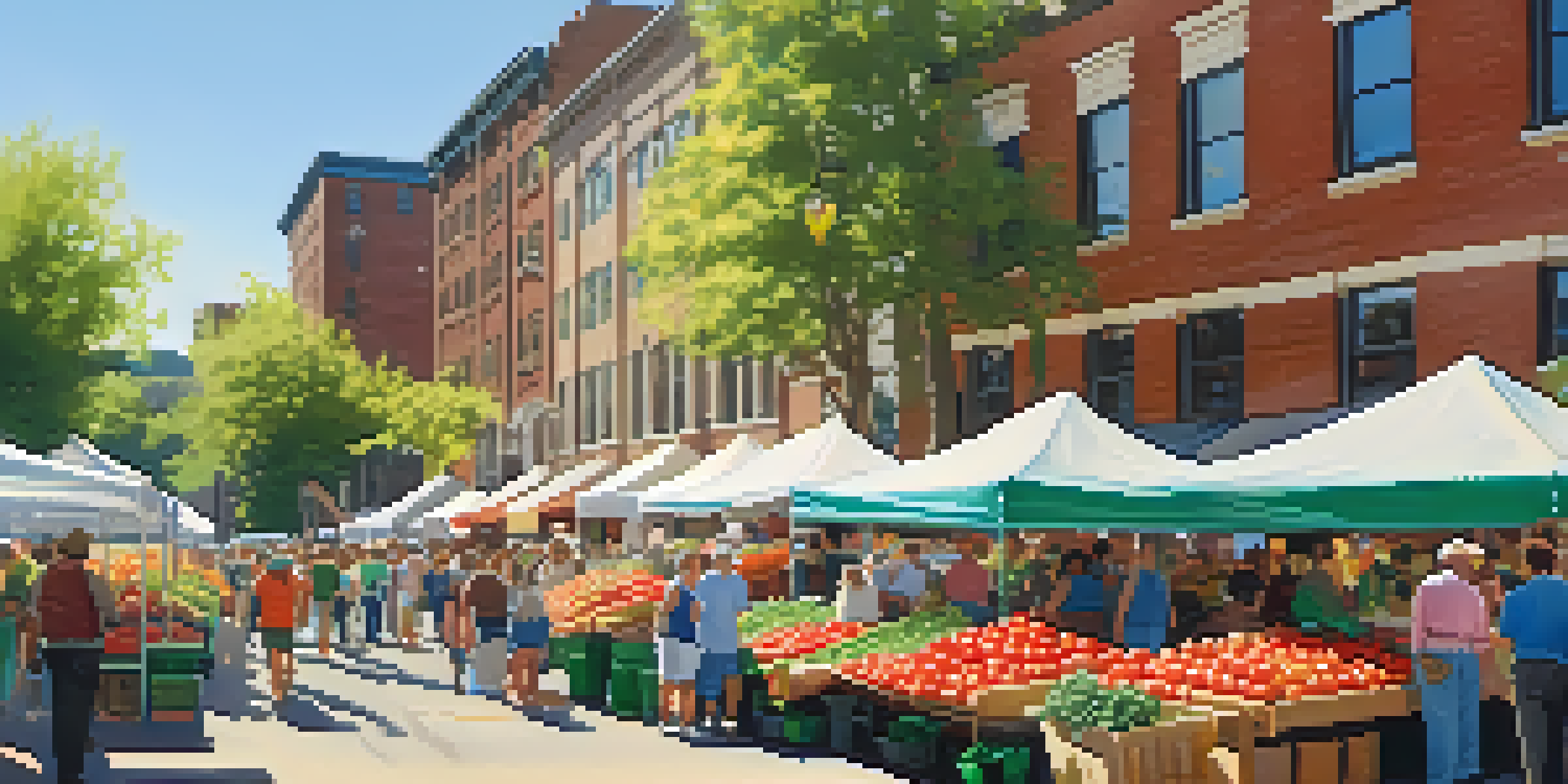 A bustling farmers' market in Rochester with colorful fresh produce and diverse people interacting with farmers.
