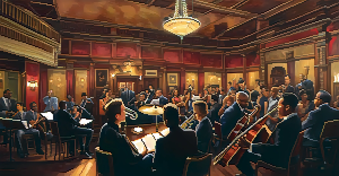 A vibrant jazz performance with musicians on stage and an engaged audience in a historic venue.
