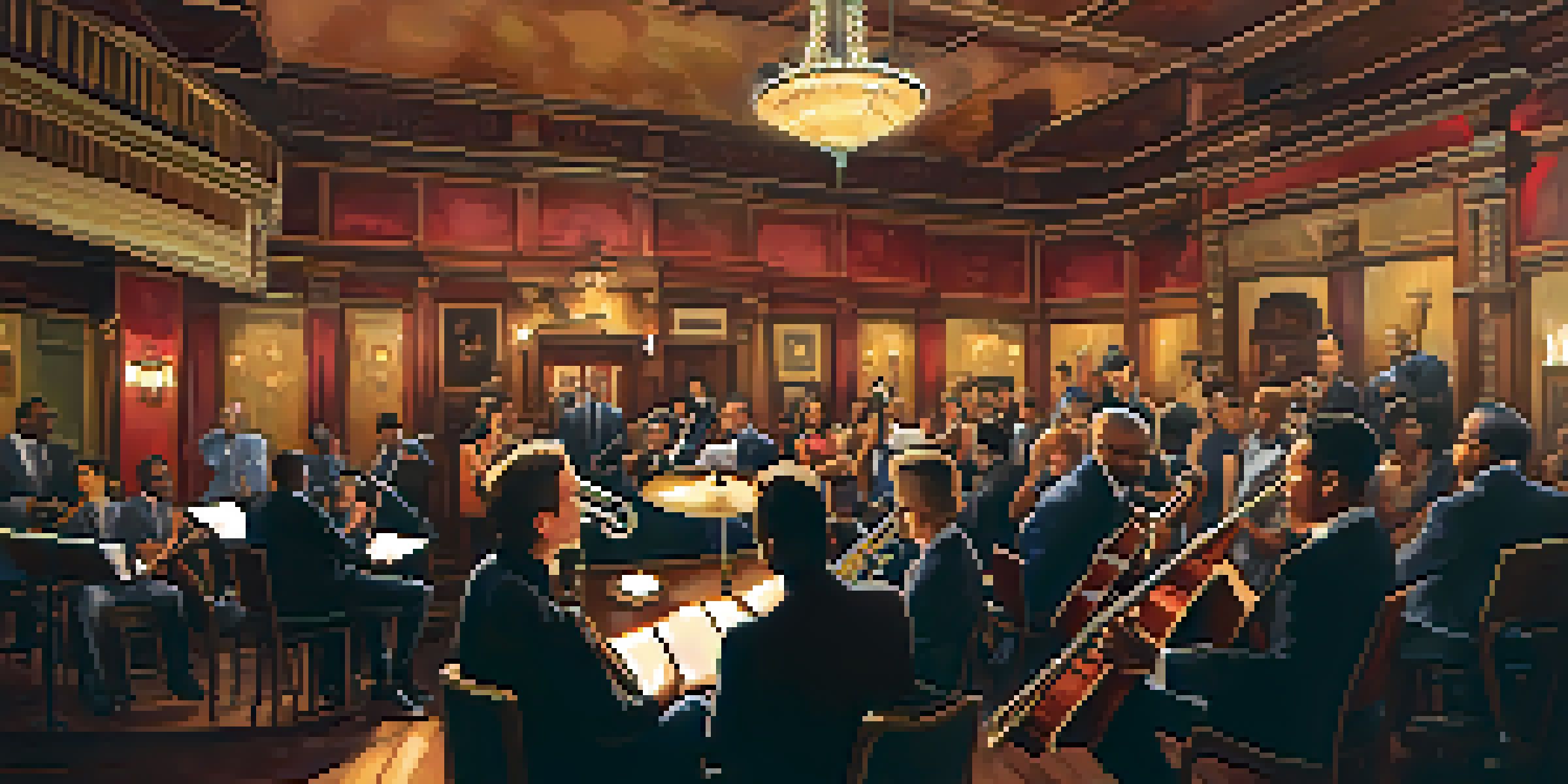 A vibrant jazz performance with musicians on stage and an engaged audience in a historic venue.