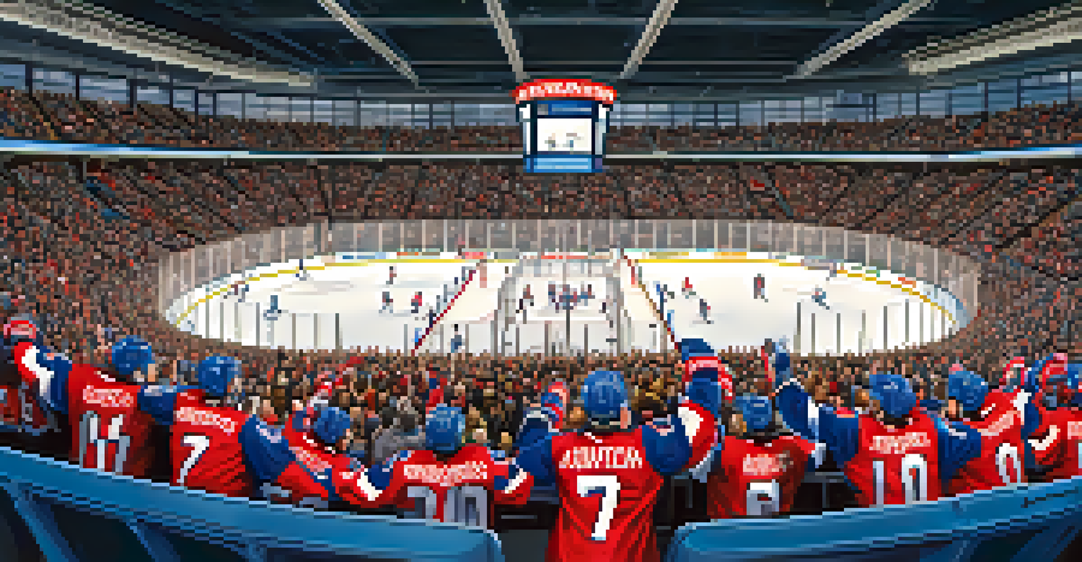 A hockey game at Blue Cross Arena with players in red and blue uniforms, enthusiastic fans in the stands, and bright arena lighting.