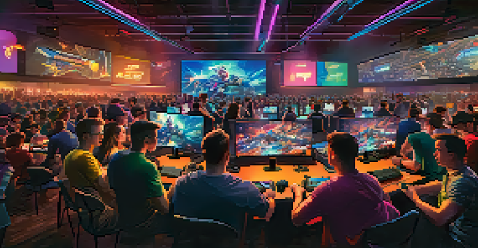 A lively esports tournament in Rochester with gamers at their screens and spectators cheering.