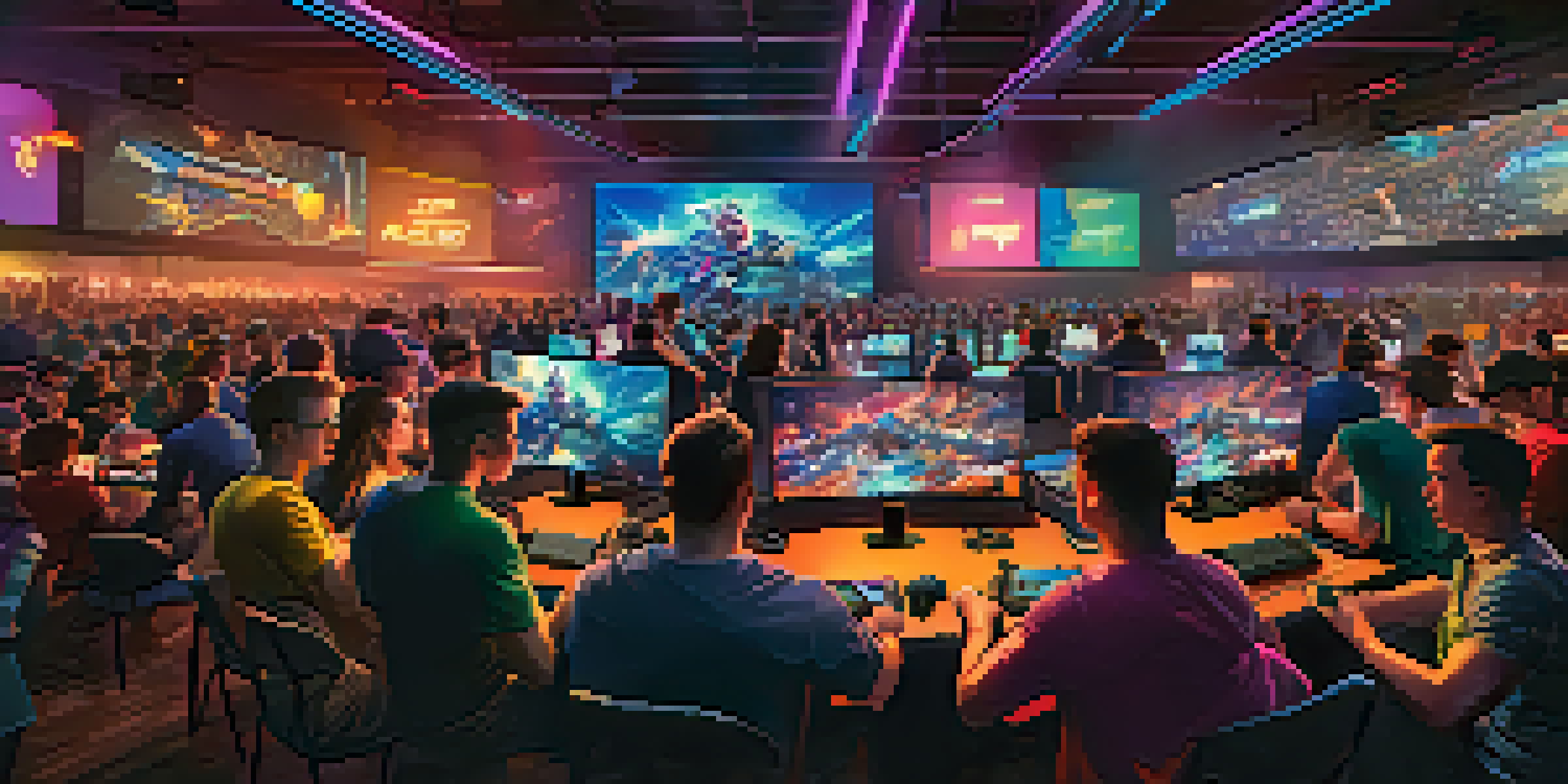 A lively esports tournament in Rochester with gamers at their screens and spectators cheering.